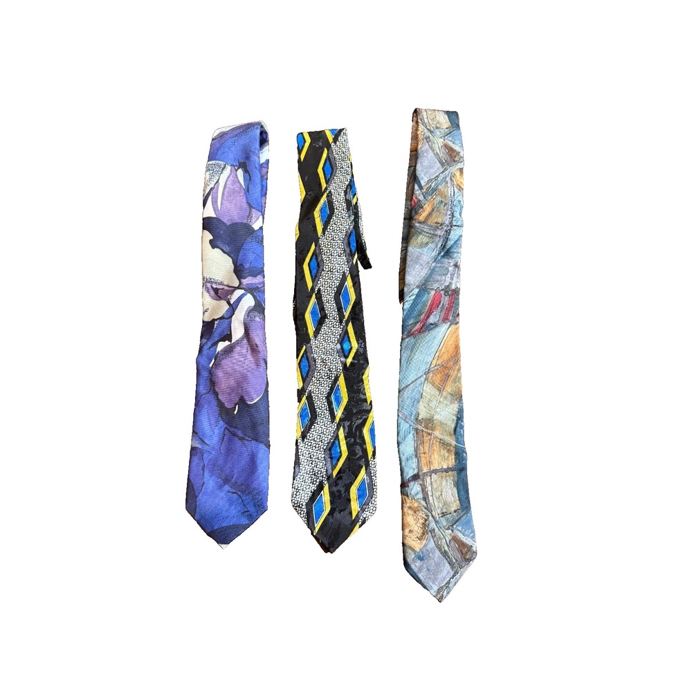 Vintage Men's Neckties Lot of 3 – Abstract, Geometric, Floral Print Silk Style‎
